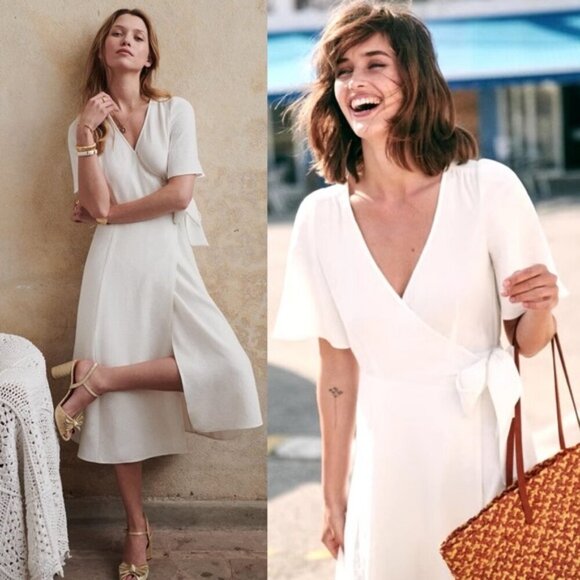 Sezane White Midi Wrap Dress Apolline Ecru White Size 36 French US 4 Minimalist - Picture 1 of 14